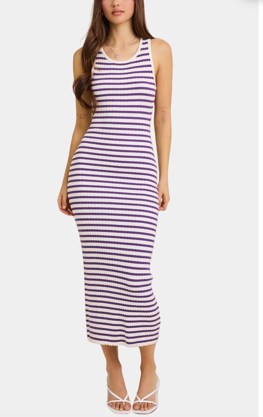 Nwt Hausen Amara Midi Dress Ribbed Purple White Stripe Hemline Size Small S
